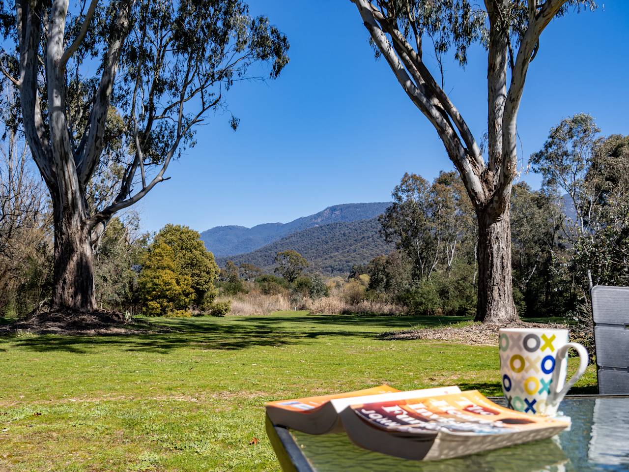 A coffee mug and open magazines on an outdoor table, looking across the lawn to the ranges